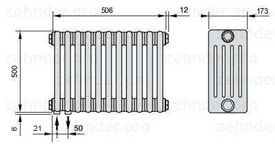 Схема (чертеж) Радиатор Zehnder Charleston 5050/11 №3370 Белый глянцевый RAL 9016